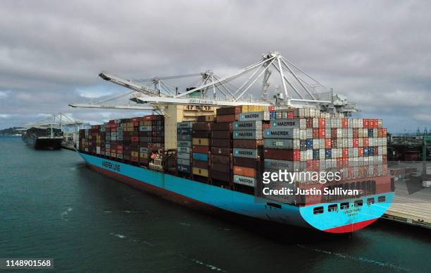 Container ship sits docked at the Port of Oakland on May 13, 2019 in Oakland, California. China retaliated to U.S. President Donald Trump's 25...