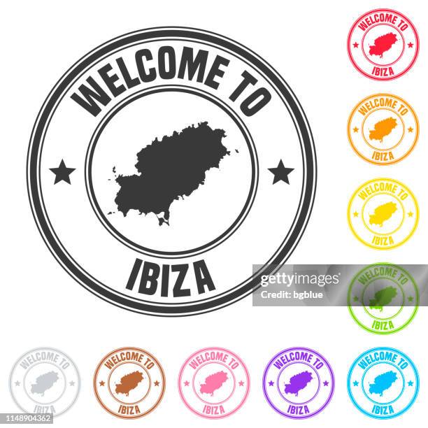 illustrazioni stock, clip art, cartoni animati e icone di tendenza di benvenuti nel timbro ibiza - distintivi colorati su sfondo bianco - ibiza island