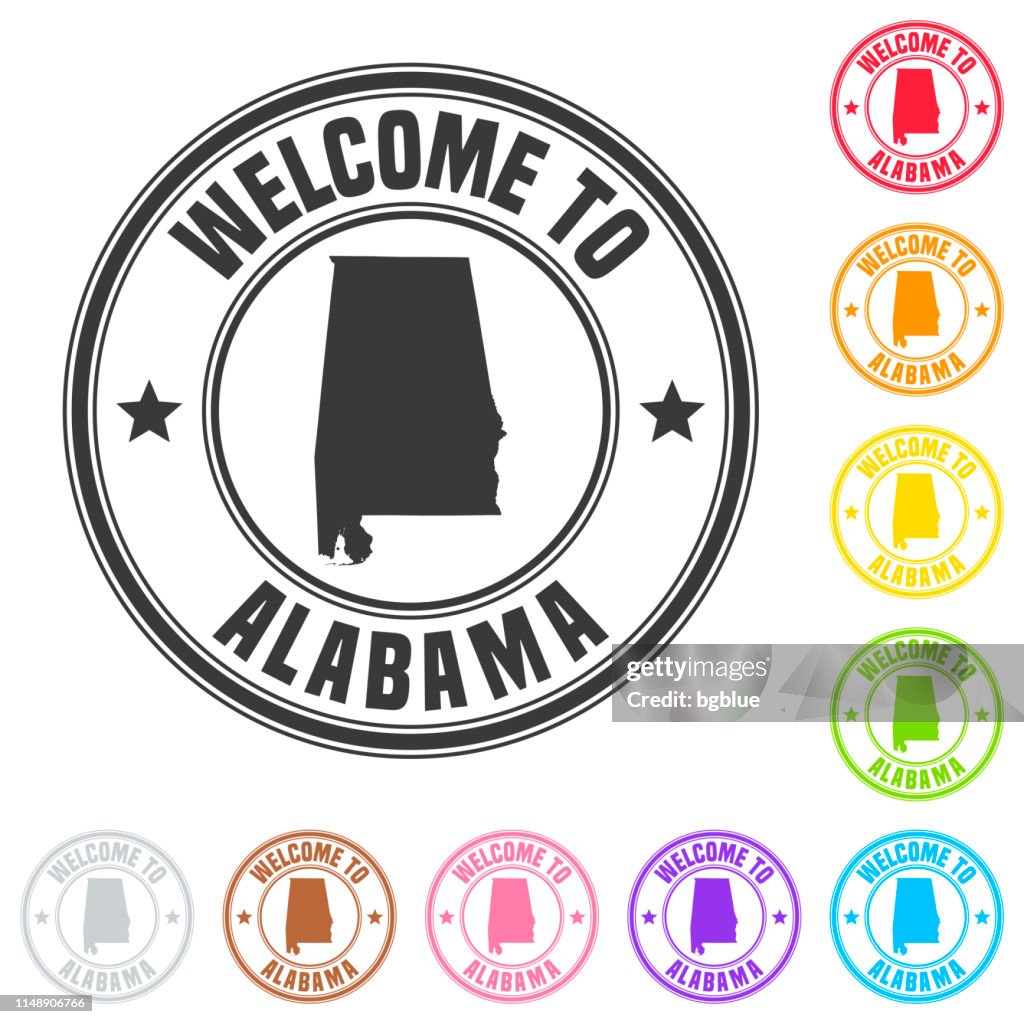 Bienvenue à l’Alabama timbre-badges colorés sur fond blanc