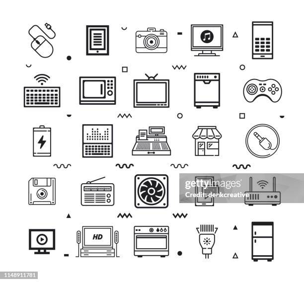 electronics & home appliances line style vector icon set - electronic products stock illustrations