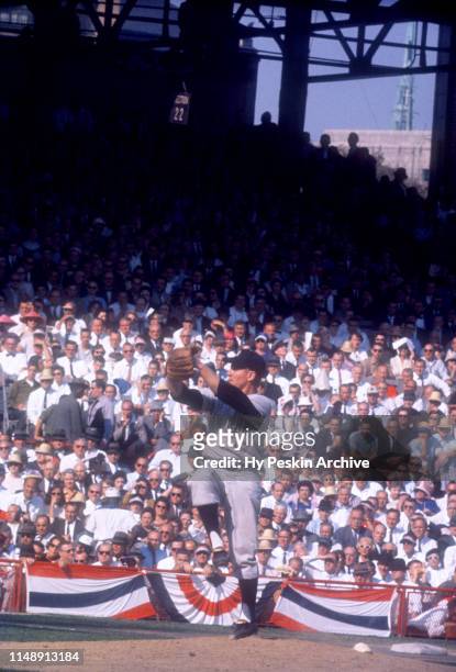 Pitcher Whitey Ford of the New York Yankees throws the pitch during Game 6 of the 1960 World Series against the Pittsburgh Pirates on October 12,...