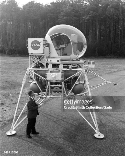 Engineer tests the Lunar Landing Vehicle at Langley Research Center, Hampton, Virginia, May 5, 1963. Image courtesy National Aeronautics and Space...