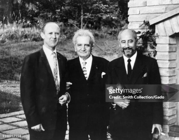 Dr William Pickering, Dr Theodore von Karman, and Dr Frank J Malina pose for a photo, 1960. Image courtesy National Aeronautics and Space...