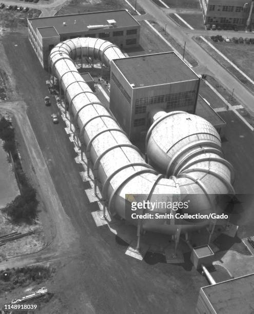 Aerial view of the 12-Foot Pressure Wind Tunnel at Ames Research Center, Moffett Federal Airfield, California, 1945. Image courtesy National...