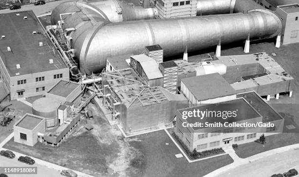 Aerial view of the Icing Research Tunnel showing the refrigeration and make-up-air structures, John H. Glenn Research Center at Lewis Field,...