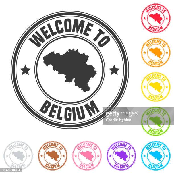 welcome to belgium stamp - colorful badges on white background - belgium stamp stock illustrations