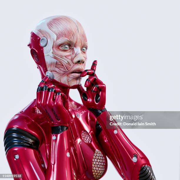 futuristic cyborg woman with skin removed exposing underlying musculature - bionic skin stock-fotos und bilder