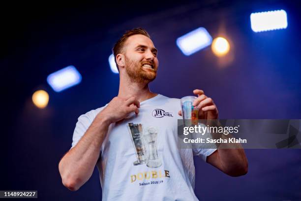 Andreas Wolff of THW Kiel celebrate winning the EHF Cup and DHB Cup at Rathausplatz on June 9, 2019 in Kiel, Germany.