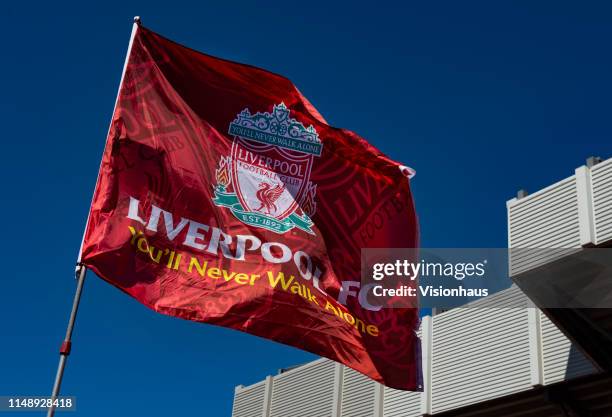 Liverpool FC flag waving outside Anfield before the Premier League match between Liverpool FC and Wolverhampton Wanderers at Anfield on May 12, 2019...