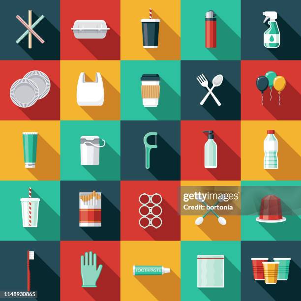 single use plastics icon set - plastic cup stock illustrations