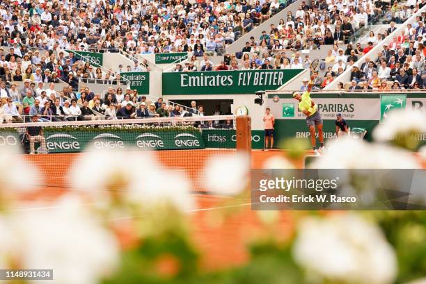 Spain Rafael Nadal in action, serve vs Austria Dominic Thiem during Men's Finals match at Stade Roland Garros. Paris, France 6/9/2019 CREDIT: Erick...