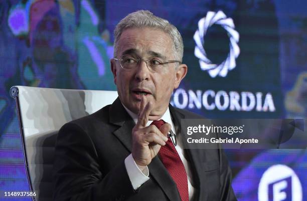 Alvaro Uribe Velez, ​Former President of Colombia attends the panel 'Unveiling Populism in Latin America: Lessons for Democracyt' during the...