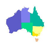Vector isolated illustration of simplified administrative map of Australia including only nearest territories. Borders of the regions. Multi colored silhouettes