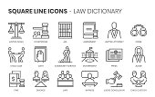 Law dictionary related, square line vector icon set