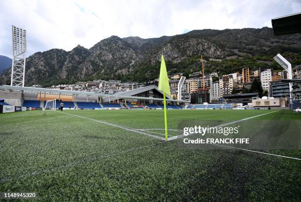 General view of the artificial pitch at the National stadium in Andorra La Vella, on June 10, 2019 on the eve of the UEFA Euro 2020 qualification...