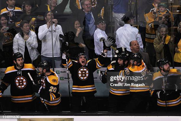 The Boston Bruins bench celebrates in the final moments of their 1 to 0 win over the Tampa Bay Lightning in Game Seven of the Eastern Conference...