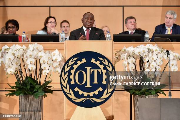 South African President Cyril Ramaphosa delivers a speech during the International Labor Organization International Labour Conference on June 10,...