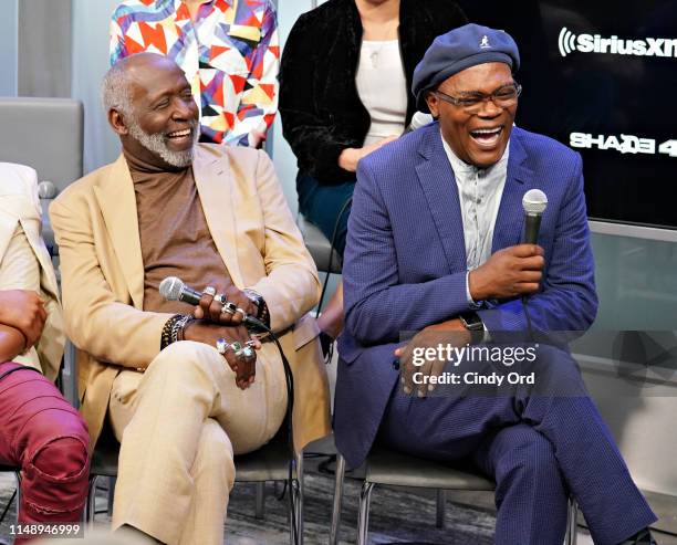 Actors Richard Roundtree and Samuel L Jackson take part in SiriusXM's Town Hall with the cast of 'Shaft' hosted by Sway Calloway at SiriusXM Studios...