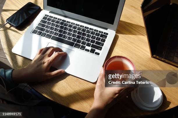 woman's hands on a laptop and reusable cup of herbal tea - taipei tea stock pictures, royalty-free photos & images
