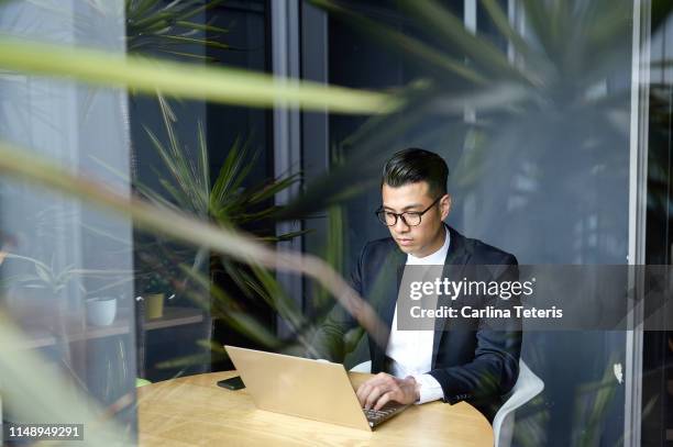 handsome asian man making online purchases with a credit card - green suit foto e immagini stock