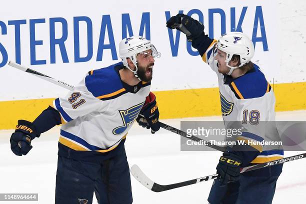 Robert Bortuzzo of the St. Louis Blues celebrates his goal against the San Jose Sharks with Robert Thomas in Game Two of the Western Conference Final...