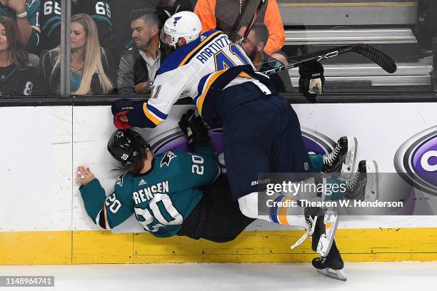 Marcus Sorensen of the San Jose Sharks is hit by Robert Bortuzzo of the St. Louis Blues in Game Two of the Western Conference Final during the 2019...
