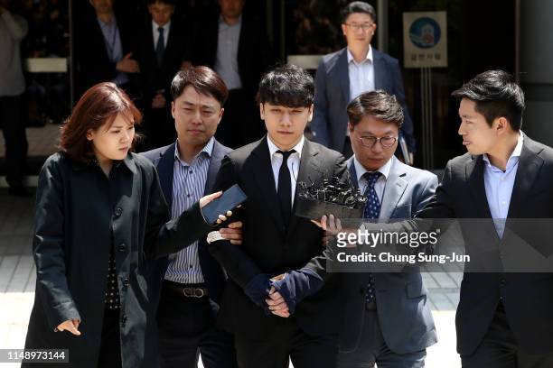 Seungri formerly a member of BIGBANG leaves after attending a court hearing at the Seoul Central District Court on May 14, 2019 in Seoul, South...