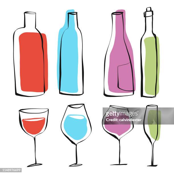 wine bottles and glasses pencil drawings - nightlife stock illustrations
