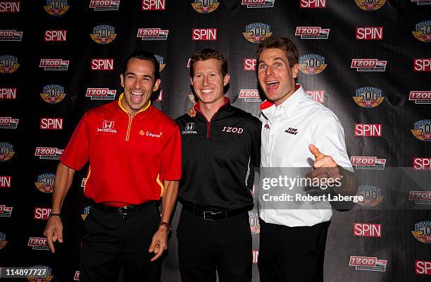 IndyCar Series drivers Helio Castroneves, Ryan Briscoe and Will Power pose for a photo before the IZOD and Spin Magazine 100th Anniversary...