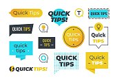 Advice shapes. Quick tips helpful tricks emblems and logos, tip reminder banner design. Vector set of helpful advices badges