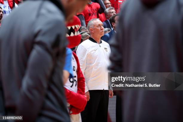 Referee Jason Phillips looks on during Game Five of the NBA Finals between the Golden State Warriors and Toronto Raptors on June 10, 2019 at...