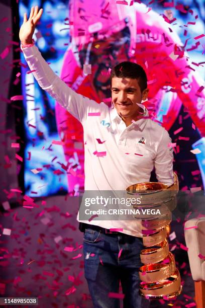 Cuadorean cyclist Richard Carapaz -the country's first cyclist to win the Giro d'Italia- attends a press conference in Ekopark, upon arrival in Quito...
