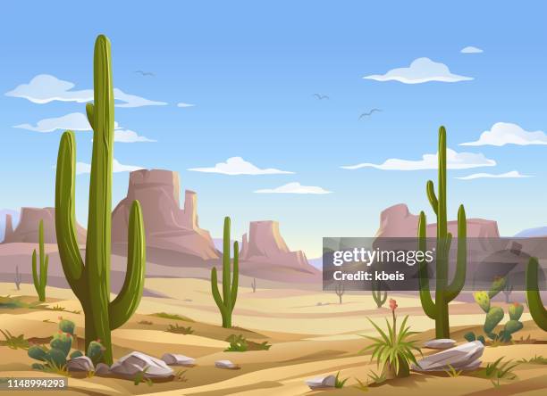 ilustraciones, imágenes clip art, dibujos animados e iconos de stock de escena del desierto - cacto