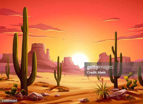 illustrations, cliparts, dessins animés et icônes de coucher de soleil du désert de feu - cactus