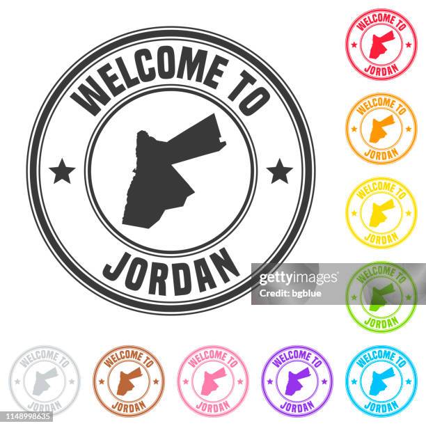 welcome to jordan stamp - colorful badges on white background - amman stock illustrations