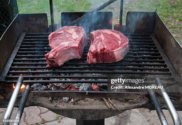 huge rib eye steak chargrilled on barbecue, canada - tomahawk stock pictures, royalty-free photos & images