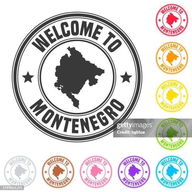 willkommen in montenegro stempel-bunte abzeichen auf weißem hintergrund - montenegro stock-grafiken, -clipart, -cartoons und -symbole