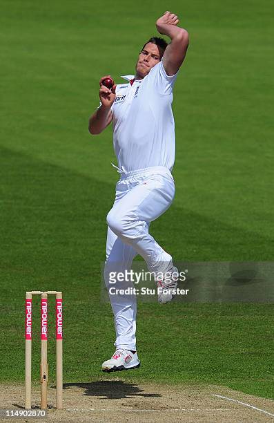 England bowler Chris Tremlett in action during day two of the 1st npower test match between England and Sri Lanka at the Swalec Stadium on May 27,...