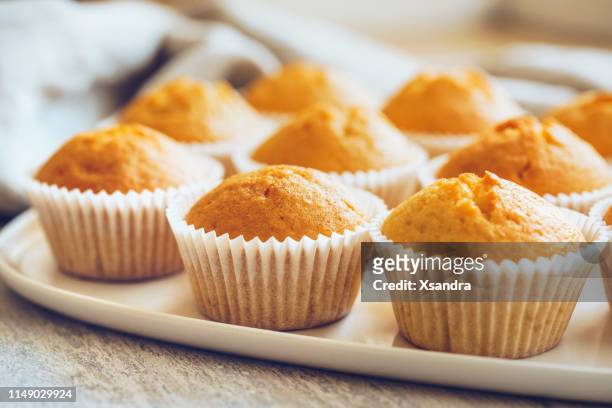 unfrosted cupcakes on a white plate - muffin stock pictures, royalty-free photos & images