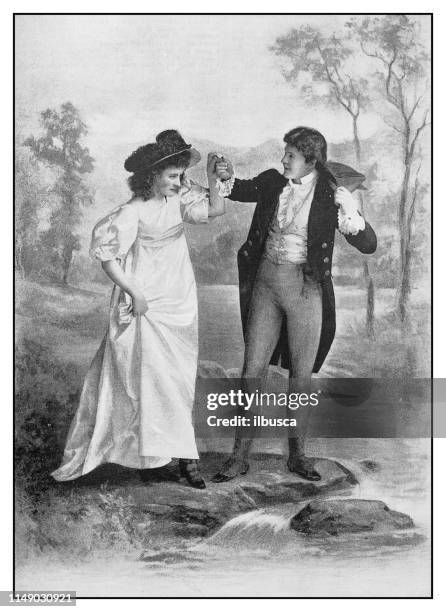 antique photo: couple outdoor - victorian dress stock illustrations