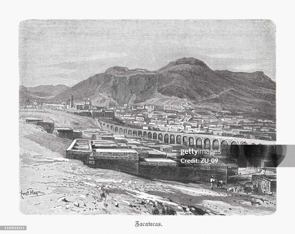 Historical view of Zacatecas in Mexico, wood engraving, published 1897