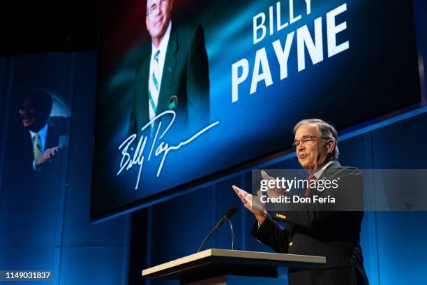 Billy Payne addresses the audience at the World Golf Hall of Fame Induction reception at the Sunset Center on June 10, 2019 in Carmel-By-The-Sea,...