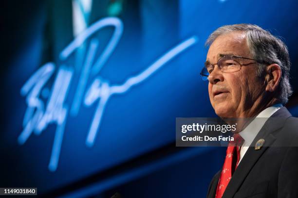 Billy Payne addresses the audience at the World Golf Hall of Fame Induction reception at the Sunset Center on June 10, 2019 in Carmel-By-The-Sea,...