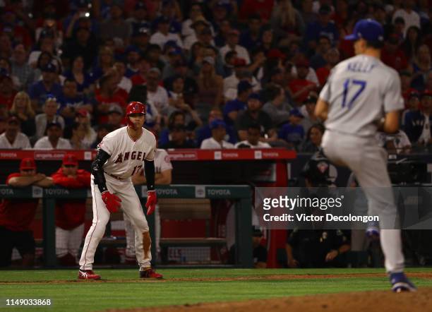 Shohei Ohtani of the Los Angeles Angels at third base as pitcher Joe Kelly of the Los Angeles Dodgers pitches in the eighth inning of the MLB game at...