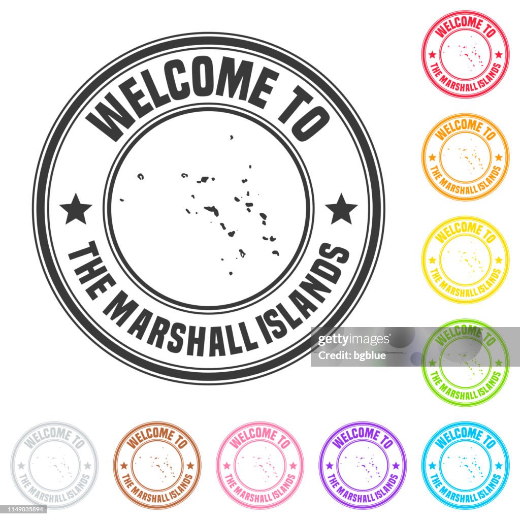 Welcome to The Marshall Islands stamp - Colorful badges on white background