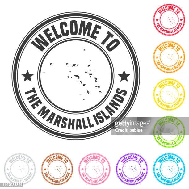 welcome to the marshall islands stamp - colorful badges on white background - majuro stock illustrations
