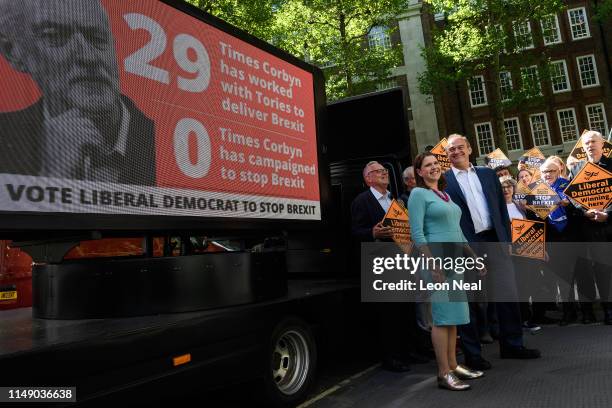 Liberal Democrat MPs Jo Swinson and Ed Davey attend a photocall to launch a new poster campaign, attacking Labour Party leader Jeremy Corbyn's...