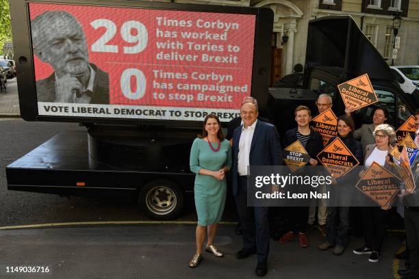 Liberal Democrat MPs Jo Swinson and Ed Davey attend a photocall to launch a new poster campaign, attacking Labour Party leader Jeremy Corbyn's...