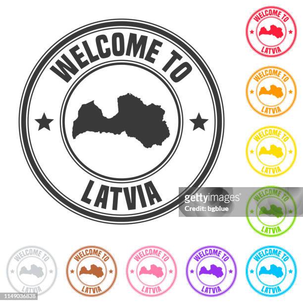 welcome to latvia stamp - colorful badges on white background - riga stock illustrations