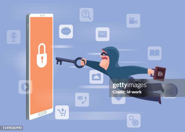 hacker holding key and going to unlock smartphone - android apps stock illustrations